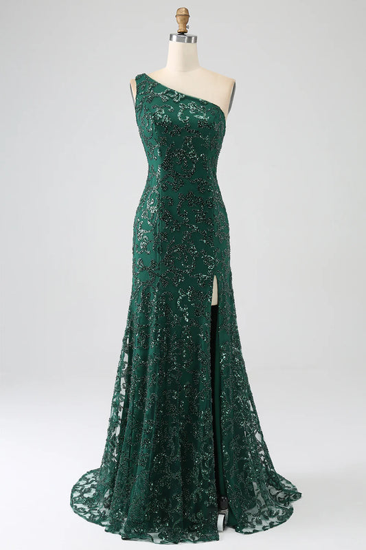 Amzcw Sparkly Dark Green Mermaid One Shoulder Sequin Prom Dress with Slit