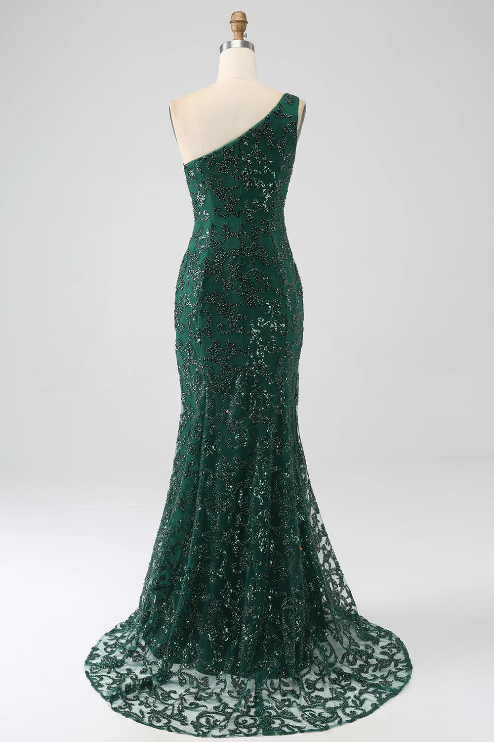 Amzcw Sparkly Dark Green Mermaid One Shoulder Sequin Prom Dress with Slit