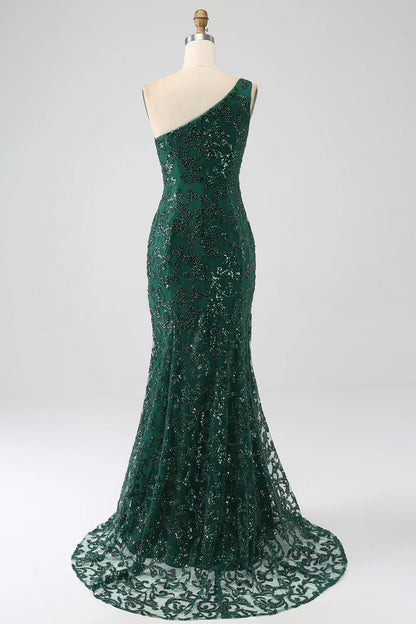 Amzcw Sparkly Dark Green Mermaid One Shoulder Sequin Prom Dress with Slit