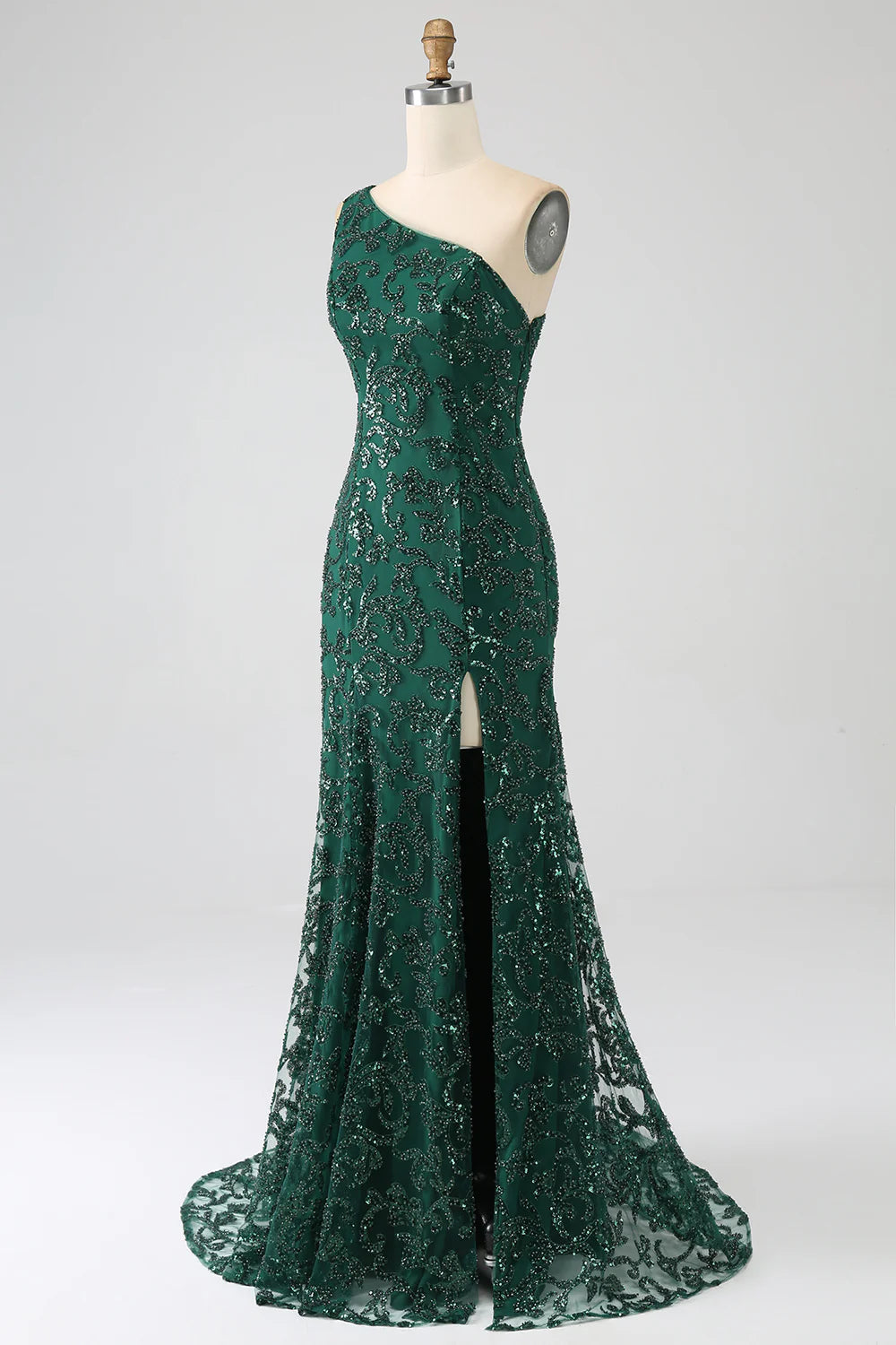 Amzcw Sparkly Dark Green Mermaid One Shoulder Sequin Prom Dress with Slit