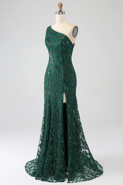 Amzcw Sparkly Dark Green Mermaid One Shoulder Sequin Prom Dress with Slit