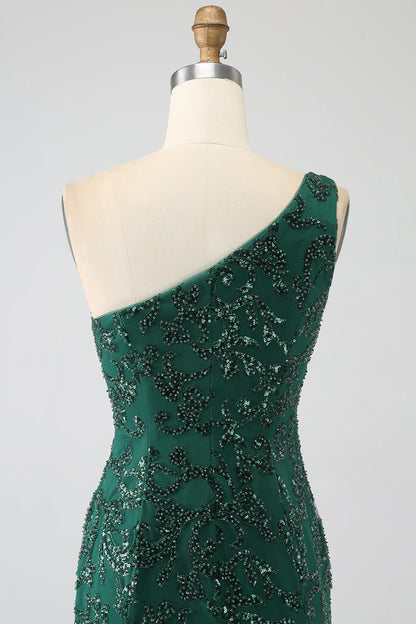 Amzcw Sparkly Dark Green Mermaid One Shoulder Sequin Prom Dress with Slit