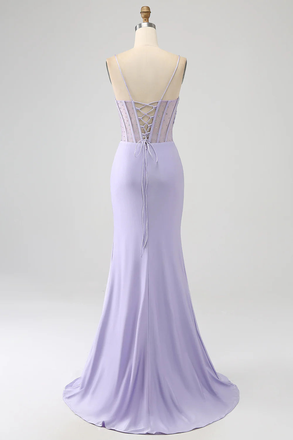 Amzcw Lavender Mermaid Cutout Glitter Corset Satin Prom Dresses with Pleated Split