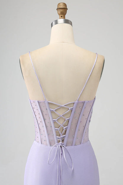 Amzcw Lavender Mermaid Cutout Glitter Corset Satin Prom Dresses with Pleated Split