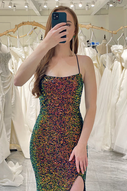 Amzcw Green Mermaid Spaghetti Straps Sparkly Sequins Prom Dress with Slit prom clothing