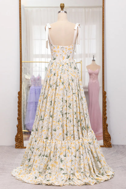 Amzcw Ivory Flower A-Line Spaghetti Straps Print Pleated Long Prom Dress prom dresses shops