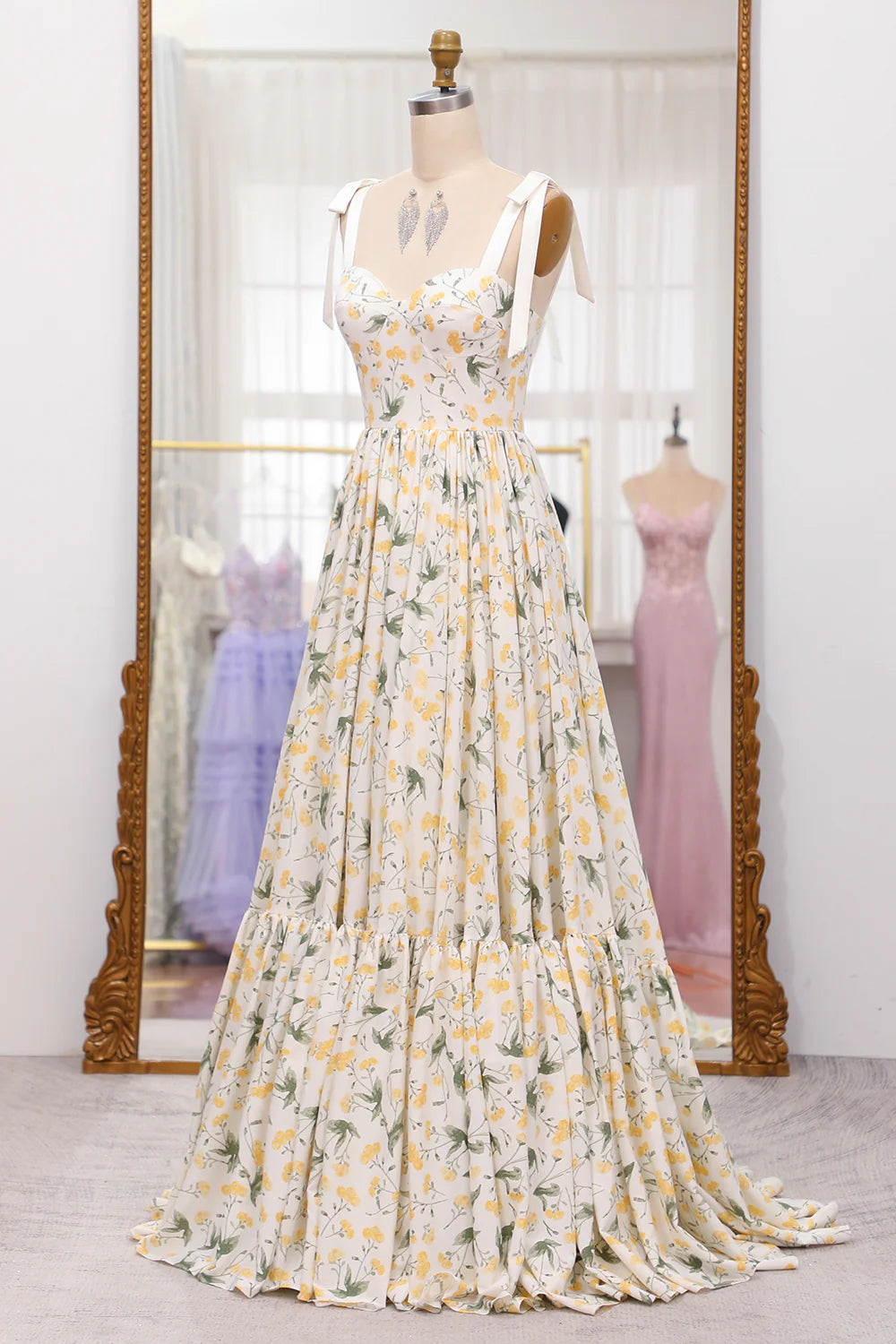 Amzcw Ivory Flower A-Line Spaghetti Straps Print Pleated Long Prom Dress prom dresses shops