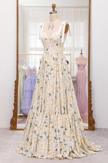 Amzcw Ivory Flower A-Line Spaghetti Straps Print Pleated Long Prom Dress prom dresses shops