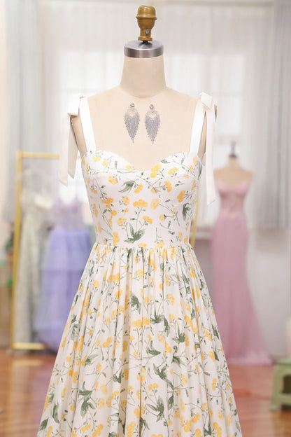 Amzcw Ivory Flower A-Line Spaghetti Straps Print Pleated Long Prom Dress prom dresses shops