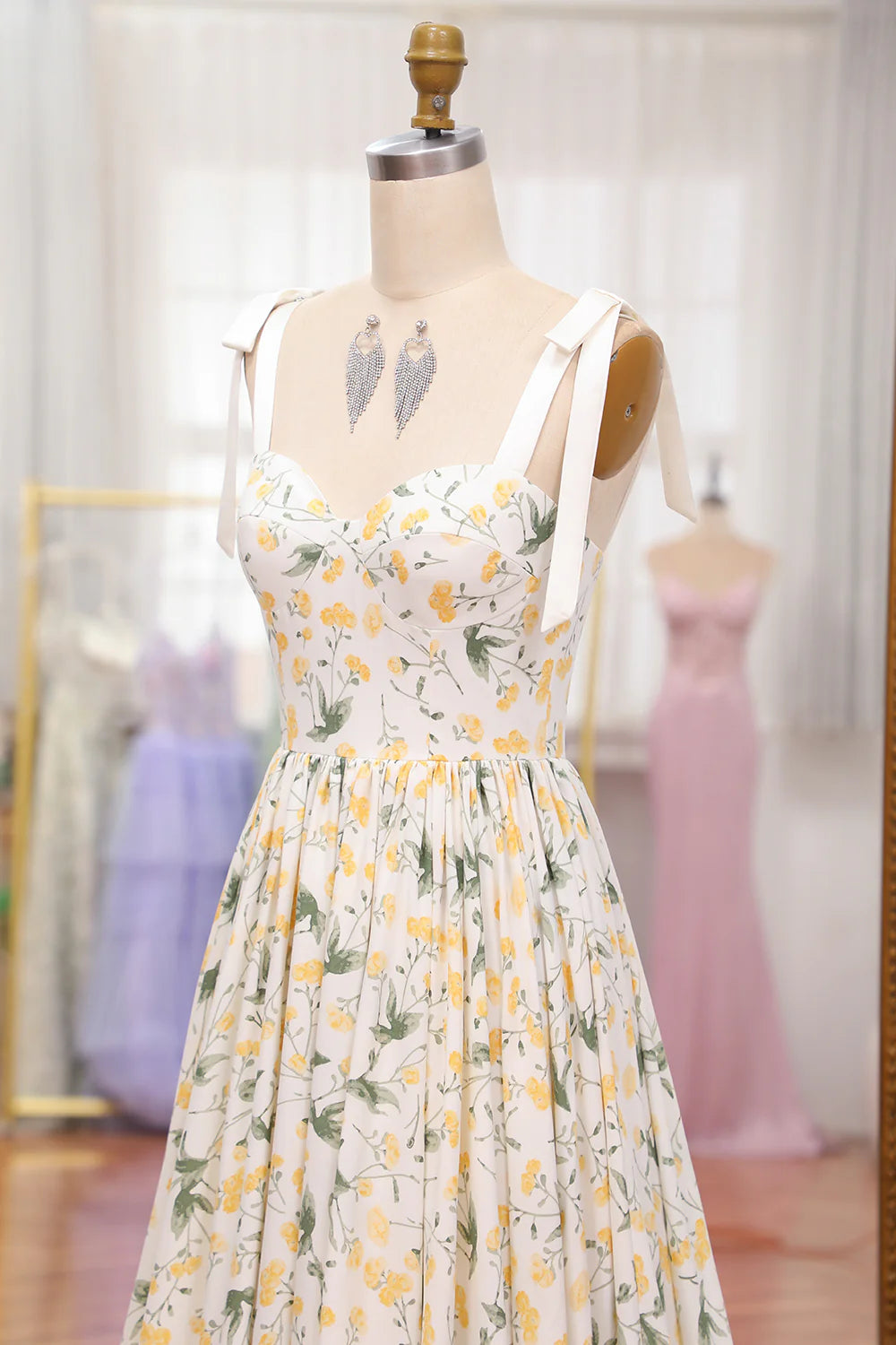 Amzcw Ivory Flower A-Line Spaghetti Straps Print Pleated Long Prom Dress prom dresses shops