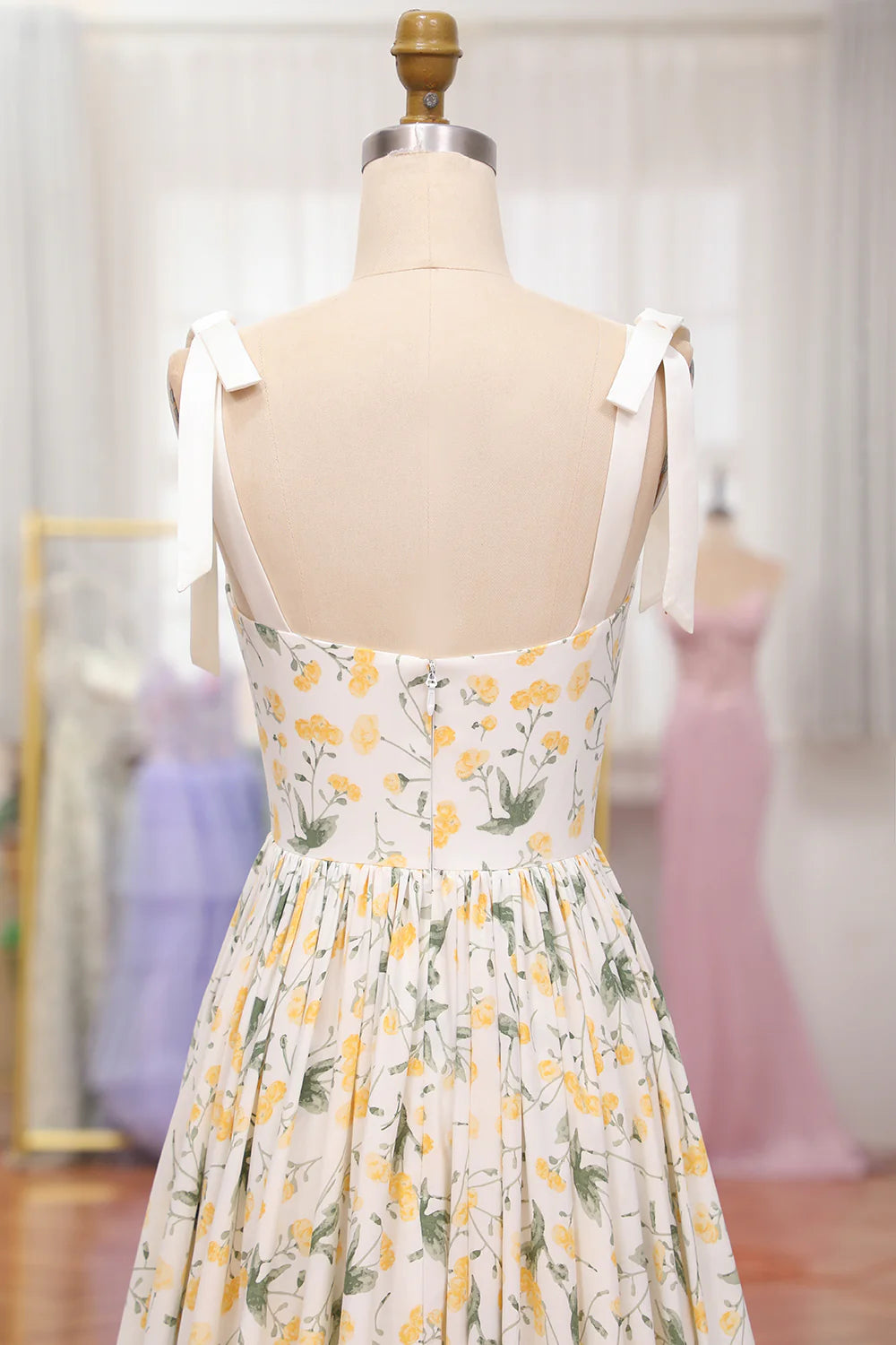 Amzcw Ivory Flower A-Line Spaghetti Straps Print Pleated Long Prom Dress prom dresses shops