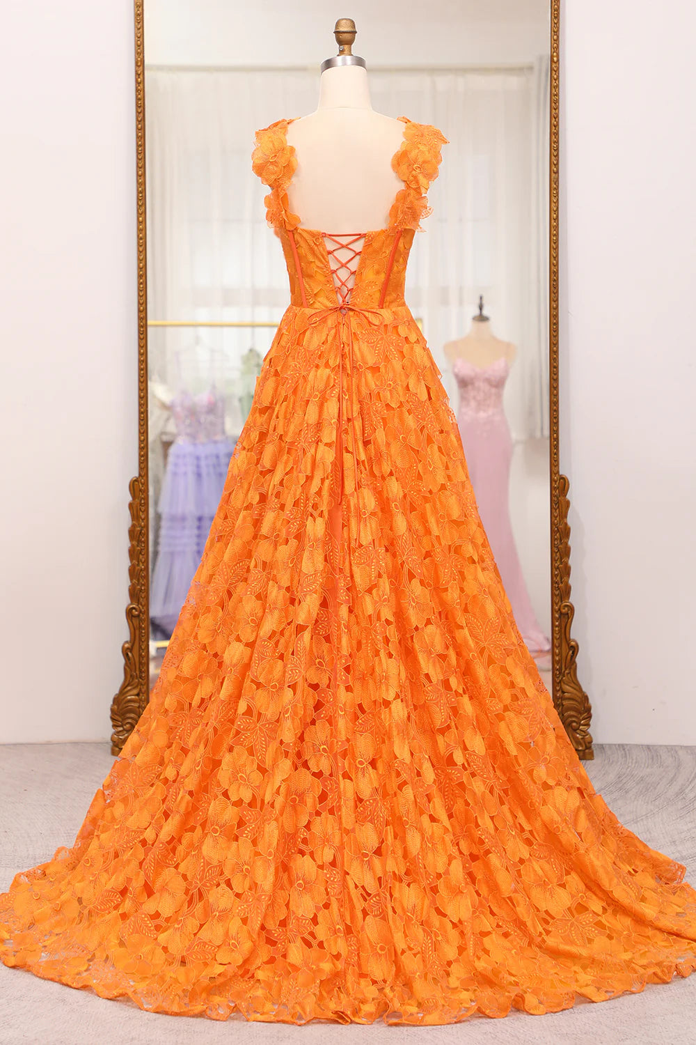 Amzcw Orange A-Line Spaghetti Straps Applique Corset Long Prom Dress With Slit prom dresses shops