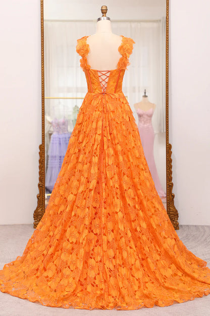 Amzcw Orange A-Line Spaghetti Straps Applique Corset Long Prom Dress With Slit prom dresses shops