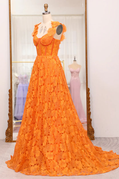 Amzcw Orange A-Line Spaghetti Straps Applique Corset Long Prom Dress With Slit prom dresses shops