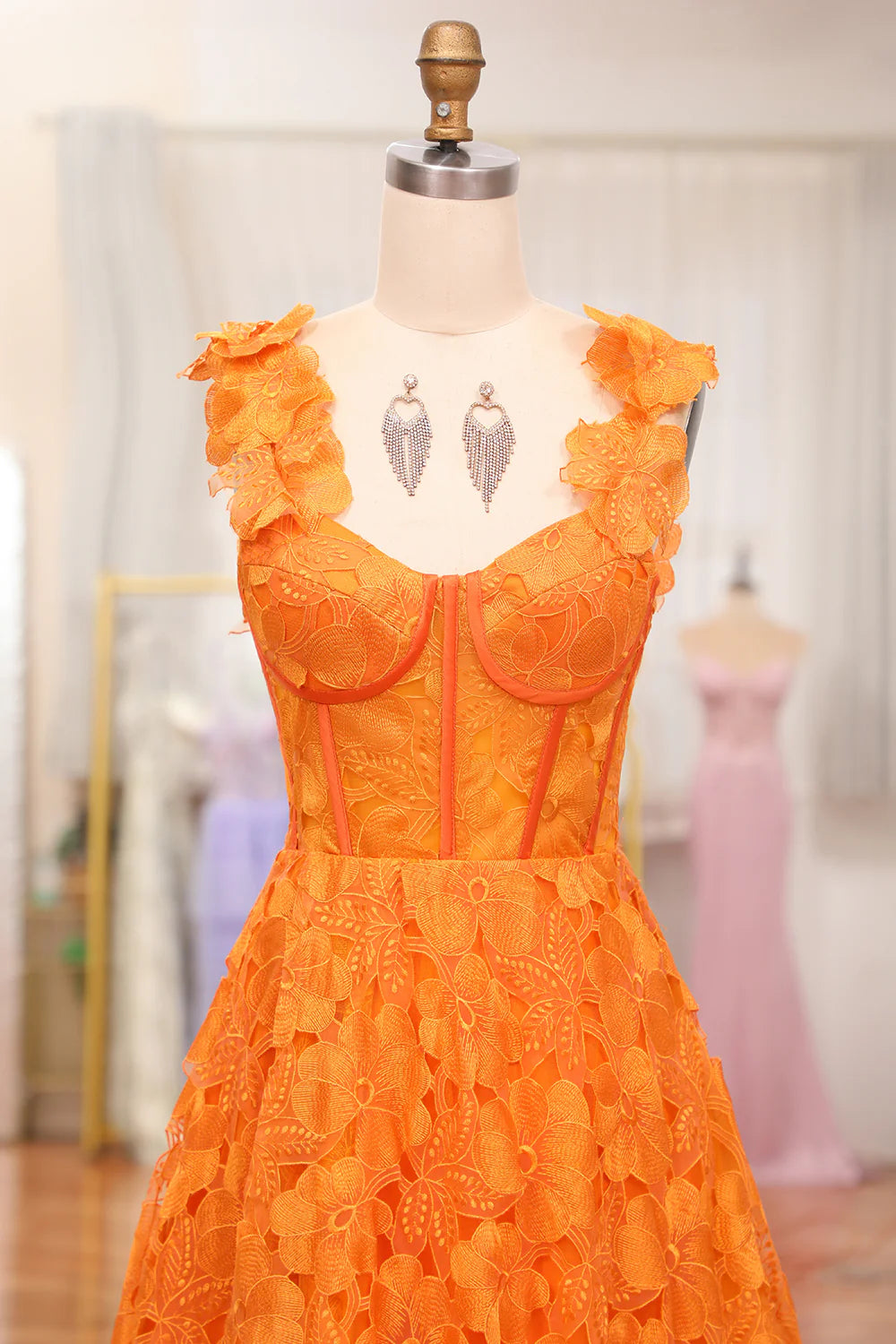Amzcw Orange A-Line Spaghetti Straps Applique Corset Long Prom Dress With Slit prom dresses shops