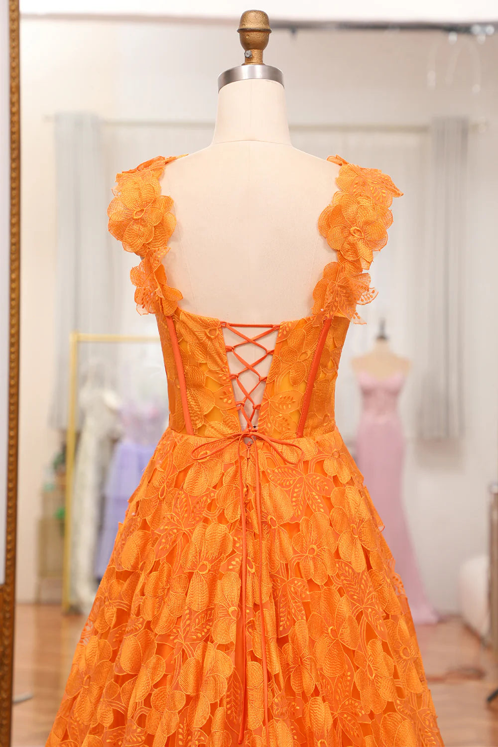 Amzcw Orange A-Line Spaghetti Straps Applique Corset Long Prom Dress With Slit prom dresses shops