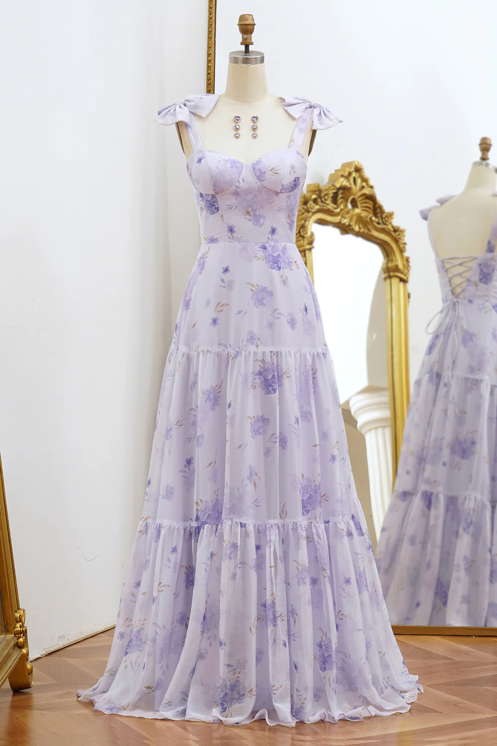 Amzcw Lilac A-Line Spaghetti Straps Floral Print Lace Up Floor Length Prom Dress prom dresses stores