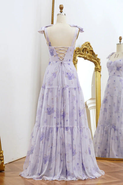 Amzcw Lilac A-Line Spaghetti Straps Floral Print Lace Up Floor Length Prom Dress prom dresses stores