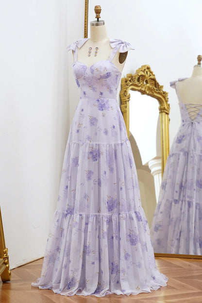 Amzcw Lilac A-Line Spaghetti Straps Floral Print Lace Up Floor Length Prom Dress prom dresses stores