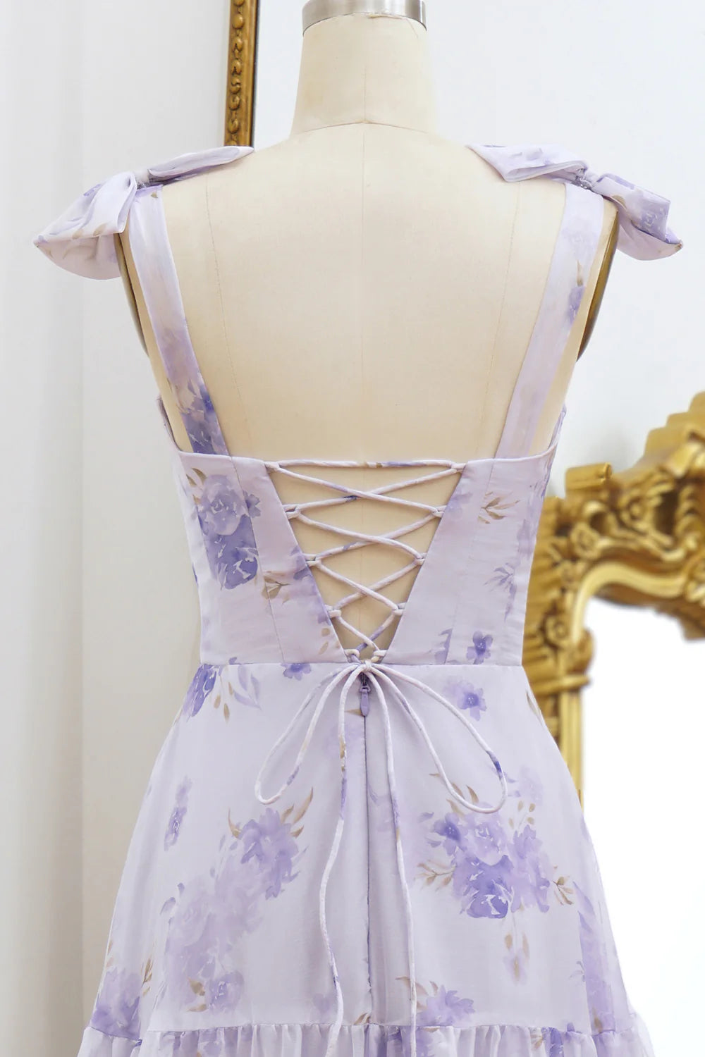 Amzcw Lilac A-Line Spaghetti Straps Floral Print Lace Up Floor Length Prom Dress prom dresses stores