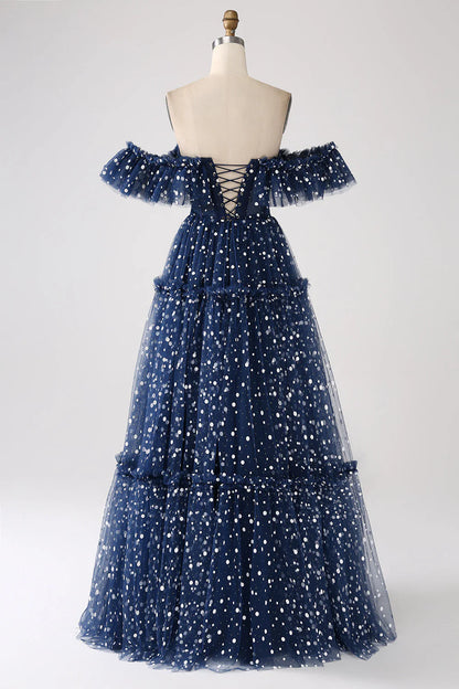 Amzcw Navy Princess A-Line Off The Shoulder Pleated Tiered Long Prom Dress prom dresses shops