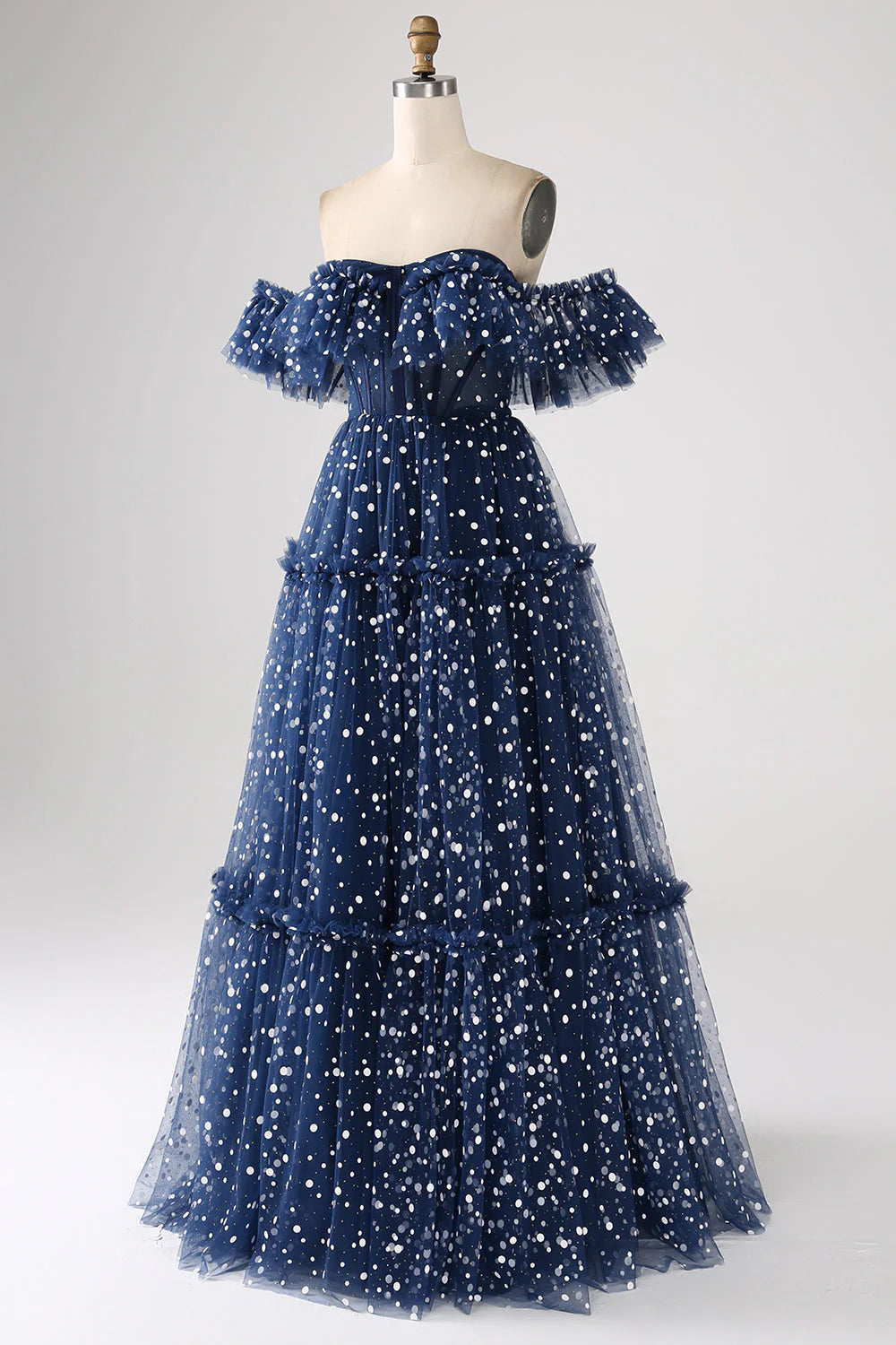 Amzcw Navy Princess A-Line Off The Shoulder Pleated Tiered Long Prom Dress prom dresses shops