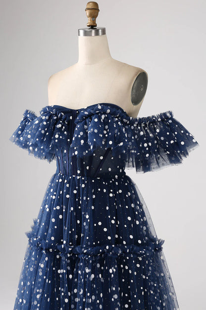 Amzcw Navy Princess A-Line Off The Shoulder Pleated Tiered Long Prom Dress prom dresses shops