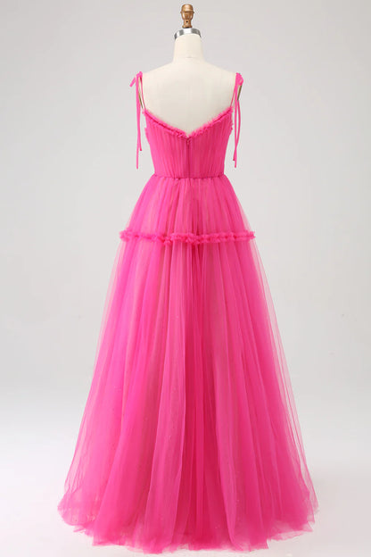Amzcw Princess A-Line Spaghetti Straps Hot Pink Tulle Long Prom Dress