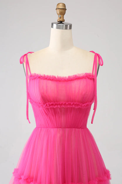 Amzcw Princess A-Line Spaghetti Straps Hot Pink Tulle Long Prom Dress