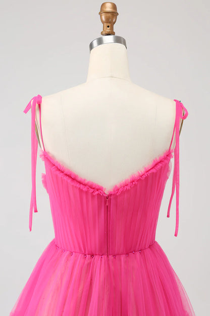 Amzcw Princess A-Line Spaghetti Straps Hot Pink Tulle Long Prom Dress
