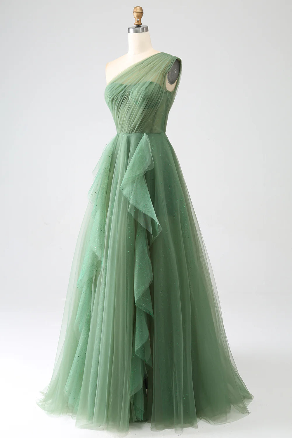 Amzcw Dark Green A-Line One-Shoulder Long Tulle Prom Dress