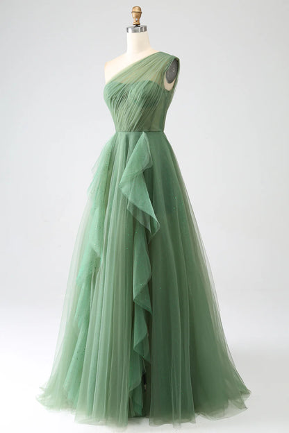 Amzcw Dark Green A-Line One-Shoulder Long Tulle Prom Dress