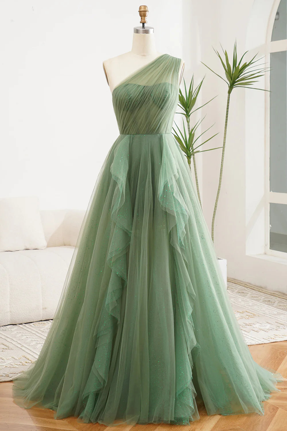 Amzcw Dark Green A-Line One Shoulder Tulle Long Prom Dress With Slit
