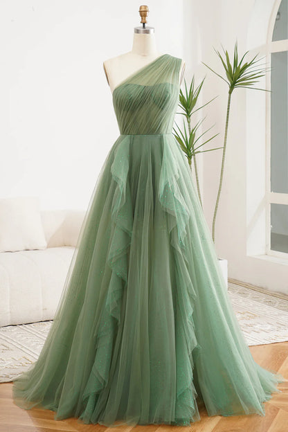 Amzcw Dark Green A-Line One Shoulder Tulle Long Prom Dress With Slit