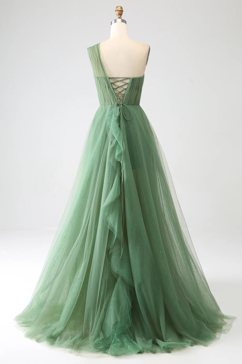 Amzcw Dark Green A-Line One-Shoulder Long Tulle Prom Dress