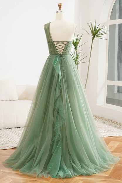 Amzcw Dark Green A-Line One Shoulder Tulle Long Prom Dress With Slit