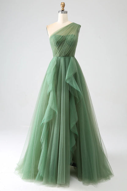 Amzcw Dark Green A-Line One-Shoulder Long Tulle Prom Dress
