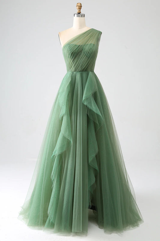 Amzcw Dark Green A-Line One-Shoulder Long Tulle Prom Dress