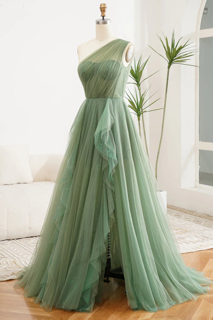 Amzcw Dark Green A-Line One Shoulder Tulle Long Prom Dress With Slit