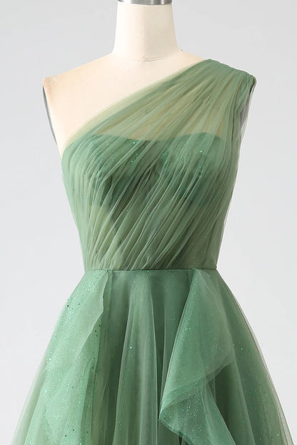 Amzcw Dark Green A-Line One-Shoulder Long Tulle Prom Dress