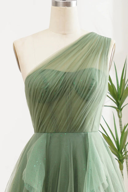 Amzcw Dark Green A-Line One Shoulder Tulle Long Prom Dress With Slit
