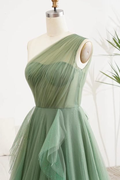 Amzcw Dark Green A-Line One Shoulder Tulle Long Prom Dress With Slit