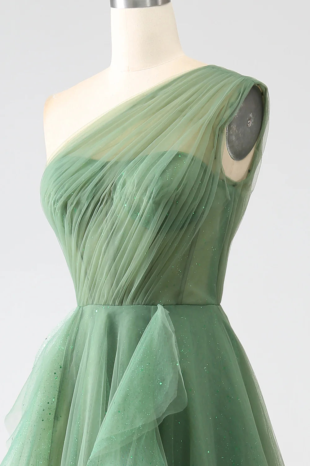 Amzcw Dark Green A-Line One-Shoulder Long Tulle Prom Dress