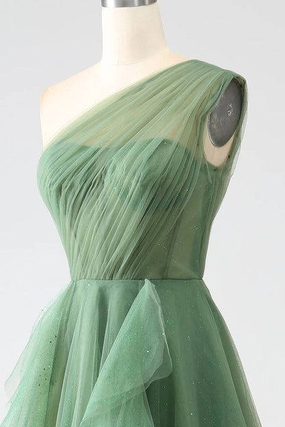 Amzcw Dark Green A-Line One-Shoulder Long Tulle Prom Dress