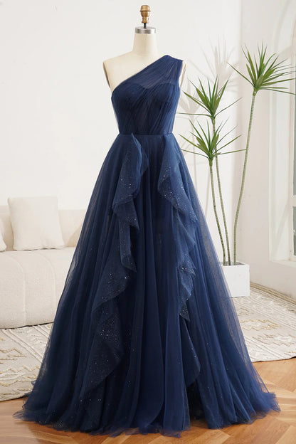 Amzcw Navy A-Line One Shoulder Tulle Long Prom Dress With Slit