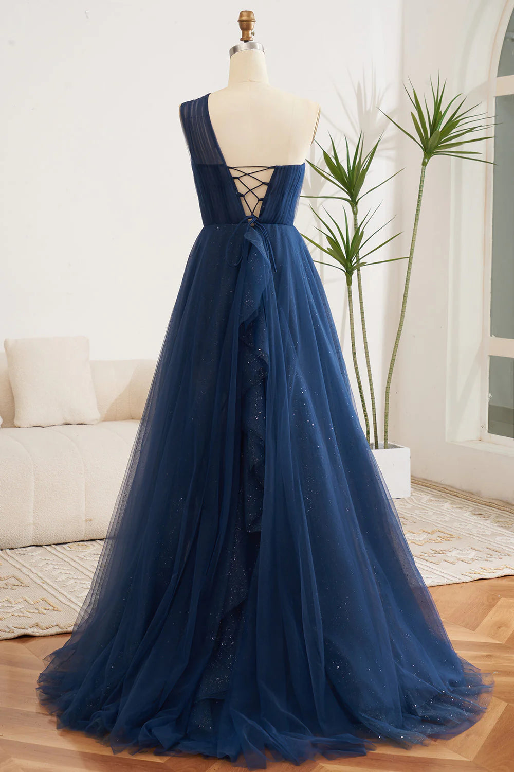 Amzcw Navy A-Line One Shoulder Tulle Long Prom Dress With Slit