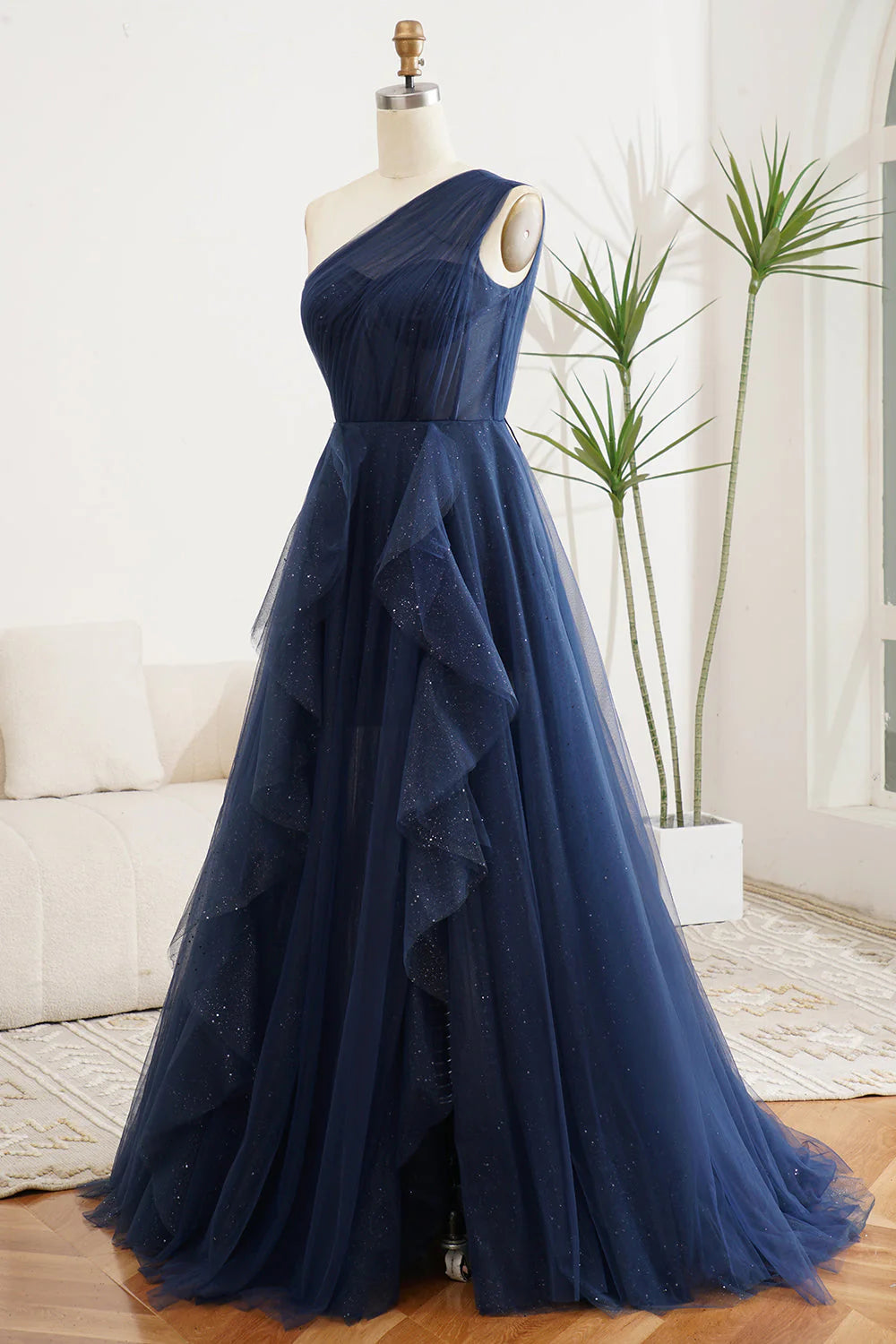 Amzcw Navy A-Line One Shoulder Tulle Long Prom Dress With Slit