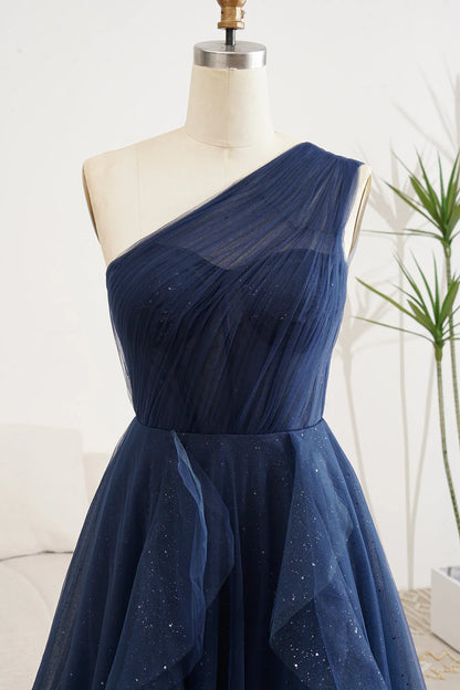 Amzcw Navy A-Line One Shoulder Tulle Long Prom Dress With Slit