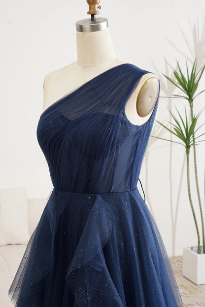 Amzcw Navy A-Line One Shoulder Tulle Long Prom Dress With Slit