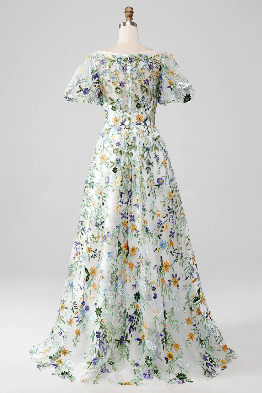 Amzcw Ivory Flower Ball-Gown/Princess Embroidered Long Prom Dress with Short Sleeves prom dresses stores